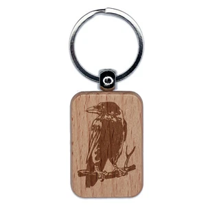 Wise Black Raven Crow Perched on Branch Engraved Wood Rectangle Keychain - Picture 1 of 6