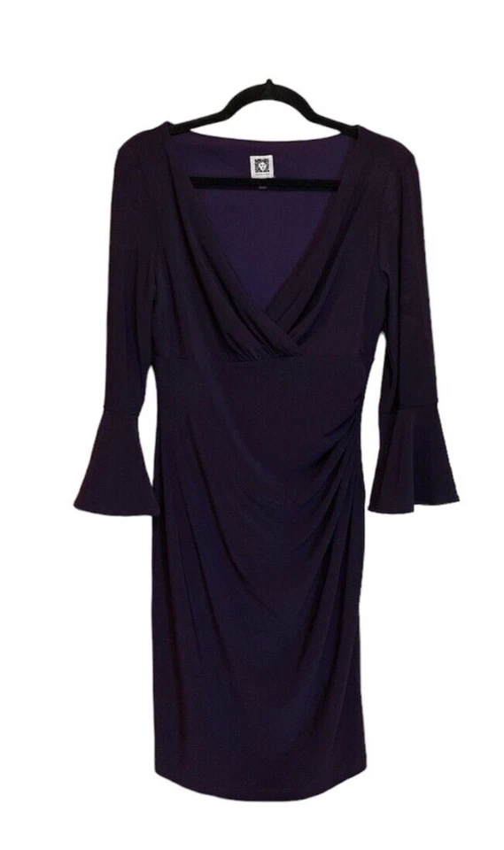 Anne Klein Purple Knee Length Ruched Wrap Long Sleeve Women's Dress Size 8 - Image 1 of 4