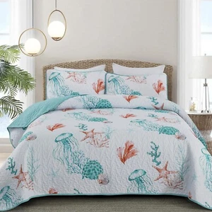 DJY Coral and Jellyfish Quilt Set King Coastal Beach Theme Quilt Coverlet Set... - Picture 1 of 7