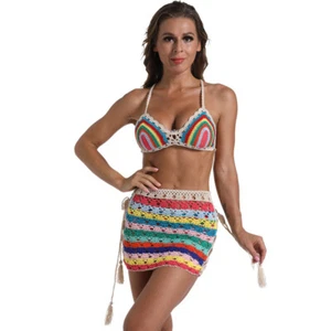 3-teiliges Set handgehäkelt Mini Tight Fit Bikini Schwimmen Rock Strand Damen Badeanzug - Bild 1 von 14