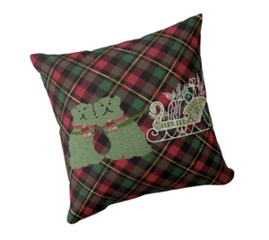 Christmas Staffordshire Dogs Topiary Throw Pillow Cover Artisan red plaid green - Picture 1 of 1