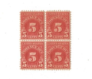 J73,  United States stamp postage due, 1930ish, vintage 5 cents block of 4 - Afbeelding 1 van 2