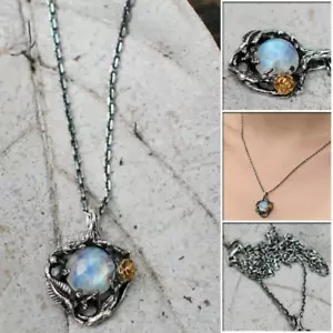 Collar Y Colgante Con Piedra De La Luna y Rosa de Oro Amarillo Estilo Vintage - Imagen 1 de 5