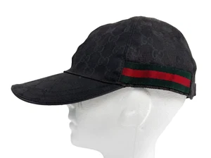 Gucci Men Black Sz Large L 59 GG Logo Monogram Web Ball Cap Hat Runway Auth - Picture 1 of 13