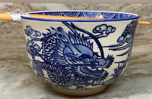 Rice Bowl With Chopsticks. Tamica Feng Shui Dragon Mira Designs Blue New - Picture 1 of 13