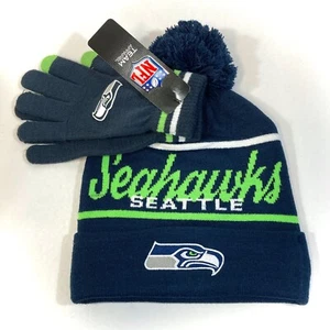 SEATTLE SEAHAWKS POM GORRO + CONJUNTO DE GUANTES Adulto OSFM Invierno Tejido Esquí Sombrero Azul Marino - Imagen 1 de 1