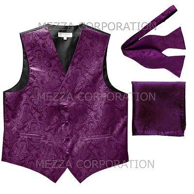 New Men's purple vest Tuxedo Waistcoat self tie bow tie and hankie set party - Image 1 of 4