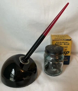 Vintage ESTERBROOK Desk Quill Pin Holder Black Glass & Skrip Ink Jar in Box - Picture 1 of 11