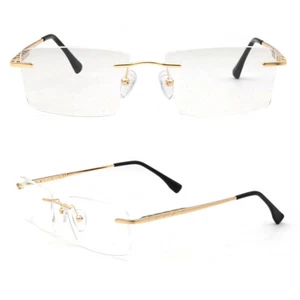 Rectangular Rimless Eyeglass Frame Men Square Business Metal Gold Glasses Modern - Picture 1 of 18