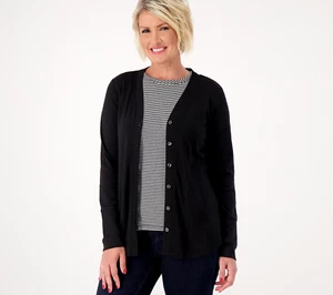 Isaac Mizrahi Live! Petite Pima Cotton Button Front Sweater Pitch Black XS New - Picture 1 of 1
