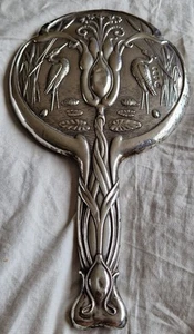 Antique Art Nouveau Solid Silver Hand Mirror Storks by William Aitken Bham c1907 - Picture 1 of 16