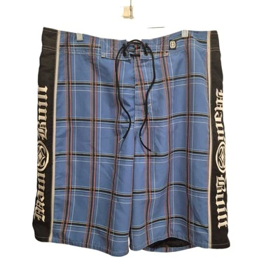 Maui Built Board Shorts Blue Plaid Mens Size 38 Hawaiian Cargo Surf Swim Trunks  - Image 1 of 4