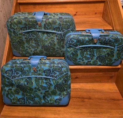 Maleta de anidación de viajeros vintage 3 piezas mod cachemira azul verde 1960 Japón  Foto 1 de 4
