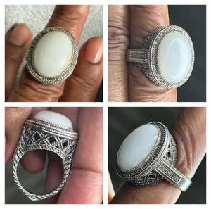 Anillo de cóctel vintage de diamantes de jadeíta blanca de plata esterlina SJ 8,75 - Imagen 1 de 19