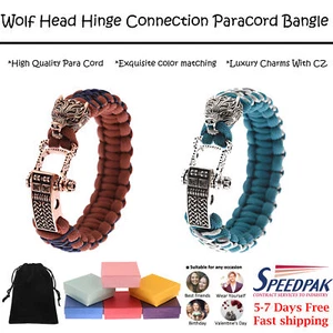 Wolf Head Hinge Connector Bangles Paracord Outdoor Linen braided Woven Bracelets - Picture 1 of 25