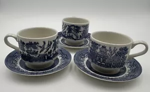 3 Churchill Staffordshire England Blue Willow Coffee Teacup & Saucer China Sets - Picture 1 of 17