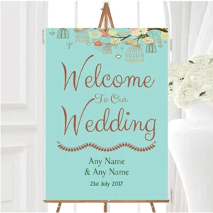 Vintage Shabby Chic Birdcage Turquoise Personalised Welcome Wedding Sign - Picture 1 of 1