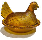 Indiana Glass Hen Chicken On Nest Dish Covered Candy Bowl Amber Gold Vintage
