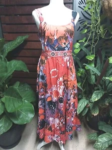 Orientique 10 Midi Orange Abstract Embroidered Shirred Back A19 - Picture 1 of 3