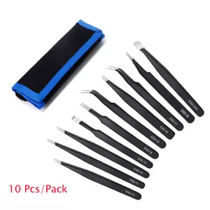 10Pcs ESD Safe Anti static Tweezers Tools Stainless Steel Tweezers Set Precision - Picture 1 of 8