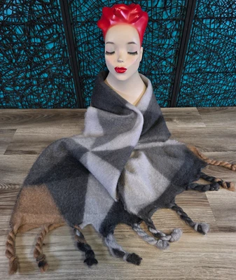 Cachecol ORVIS macio tamanho grande franja diamante estampado cinza marrom inverno tamanho único - Imagem 1 de 4