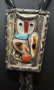 Vintage Zuni Sterling Silver Owl Bolo Tie Inlay Turquoise Coral Mother of Pearl - Picture 1 of 7