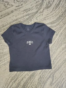 Brandy Melville Navy Los Angeles Short Sleeve Cotton Cropped Top One Size - Picture 1 of 2