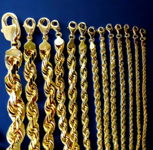14K Yellow Gold SOLID Rope Chain Bracelet Diamond Cut Real Gold 1mm-12mm 7"-9" - Picture 1 of 11