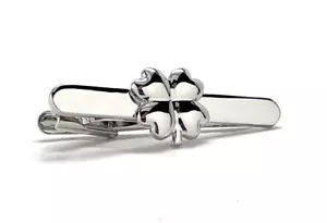 Silver Tie Clip Lucky Four Leaf Clover Embossed Detailed Design Tie Bar Irish - Picture 1 of 8