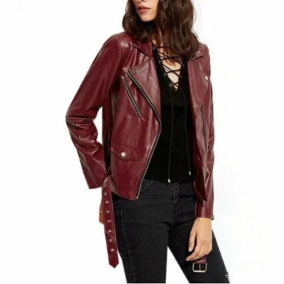 CELEBRITY New Women's Burgundy Leather Jacket 100% Real Lambskin MotoBikerJacket - Image 1 of 4