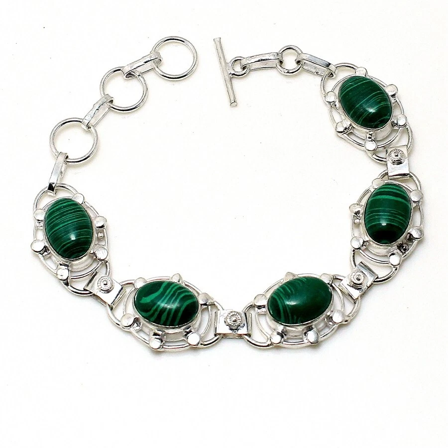 Brazalete de joyería de plata de ley 925 hecho a mano con piedras preciosas de malaquita talla 7-8" Foto 1 de 1