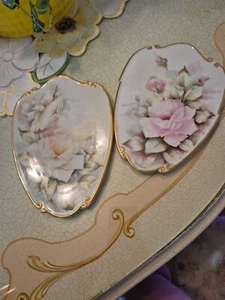 Vintage Porcelain Wall Hanging Hand Painted Pink Yellow Roses Plate Pair Set - Picture 1 of 10