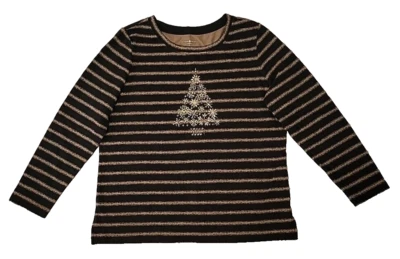 Karen Scott Sport Top Christmas Tree Black Tan Stripe Pullover Size L - Image 1 of 4