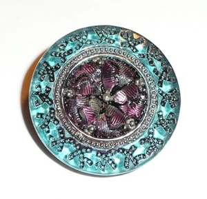 Wonderful Czech Glass Reverse Painted Flower Button Green & Purple 7/8" - Picture 1 of 6