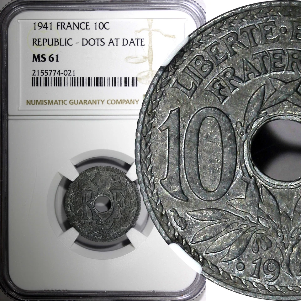 FRANCE Zinc 1941 10 Centimes WWII Issue NGC MS61 DOTS AT DATE KM# 897 (21) - Image 1 of 4