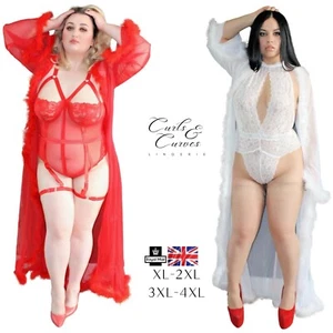 Plus Size Bridal Robe Faux Fur Trim Mesh Robe With Belt Honeymoon Night Gown - Picture 1 of 59