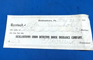 1914 Tax Receipt RICHLANDTOWN Union Detective Horse Insurance Co. - Pennsylvania - Picture 1 of 6