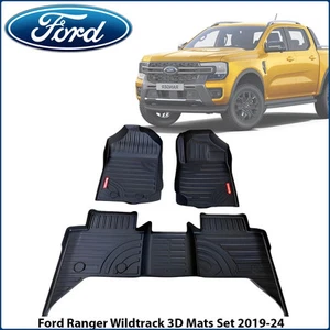 3D FULLY TAILORED MATS FOR FORD RANGER WILDTRAK 2019-2024 3-PCS SET IN BLACK - Picture 1 of 6
