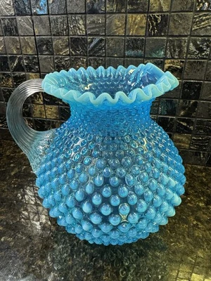 Vintage Fenton Hobnail Blue Opalescent Glass Pitcher with Applied Handle - Image 1 of 4