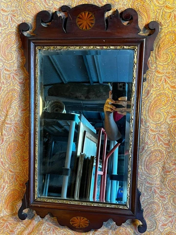 Antique Old Scrolls Inlaid Wood Wooden Mirror Frame Inlay Mahogany Wood English Cover
