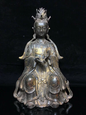 11.6'' China Antique Brass Statue Tibet old copper Kwan-yin Buddha Statue - Image 1 of 4