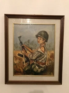 CHILD WITH GUN & HELMET SOCIALIST REALISM OIL ON CANVAS PAINTING BY MIOR 1973 - Picture 1 of 6