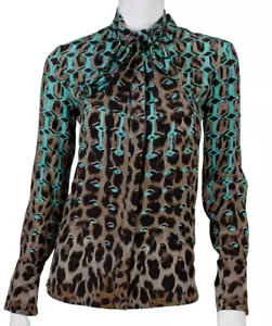 ROBERTO CAVALLI Turquoise & Brown Geometric Animal Print Silk Crepe Blouse 38 - Picture 1 of 8