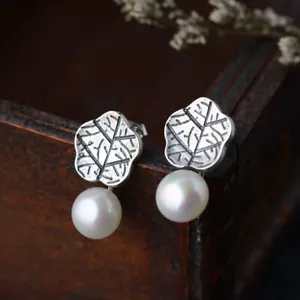 B11 Orecchini Foglia Fiore Con Bianchi Acqua Dolce Perla Argento Sterling 925 - Foto 1 di 9