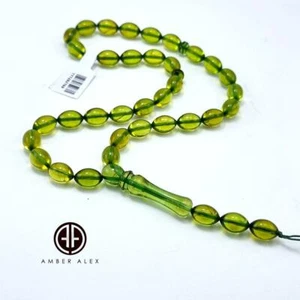 Perline di preghiera islamica colore verde ambra baltica naturale 33 forma ol... - Foto 1 di 2