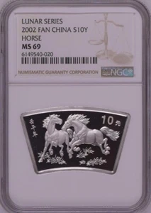 NGC MS69 2002 China Lunar Series Horse 1oz Silver Fan Shaped Coin with COA - Picture 1 of 2