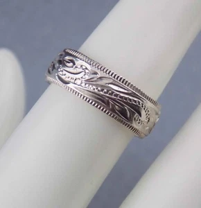 Talla 7, Anillo Pergamino Plumeria Hawaiana Plata Esterlina 6mm, Borde Moneda, Firmado PCU - Imagen 1 de 9