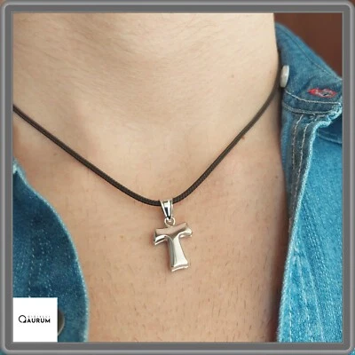 Collana da uomo donna con Croce Tau Tao in argento 925 e cordino corda nero - Immagine 1 di 4