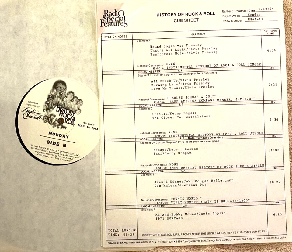 3/19/84 DRAKE/CHENAULT HISTORY OF R&R FEATURES ELVIS PRESELY (6), HARRY CHAPIN - Image 1 of 1