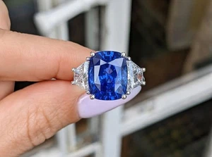 2.10 Ct Cushion Cut Blue Sapphire Engagement Ring 92.5 Silver Gold Plated  - Picture 1 of 5